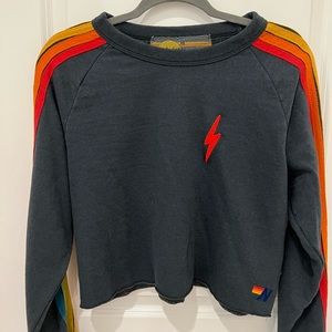 Aviator Nation 6 Stripe Cropped Sweatshirt in Charcoal Grey Size M